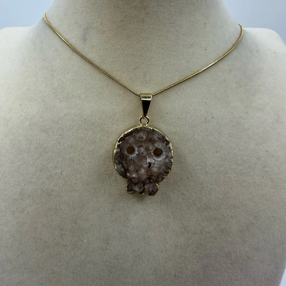 Druzy Amethyst Skull Pendant on Stainless Steel Snake Chain